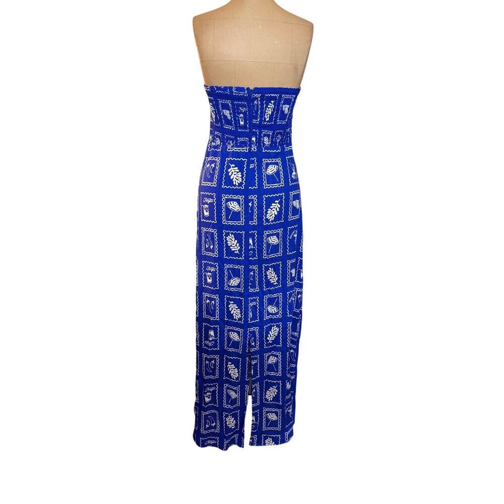 Paper Heart Maxi Dress Strapless Blue Linen Blend White Stamp Print size Medium - Picture 5 of 7